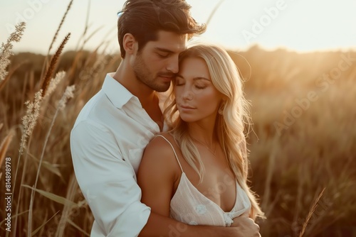 A man and woman hugging affectionately in a field of tall grass.