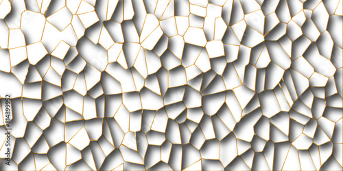 White Broken Stained Glass Background with golden stoke. abstract Broken tiles mosaic seamless pattern with shadows. white gravel decoration textured with multi layer wallpaper. vector illustration.