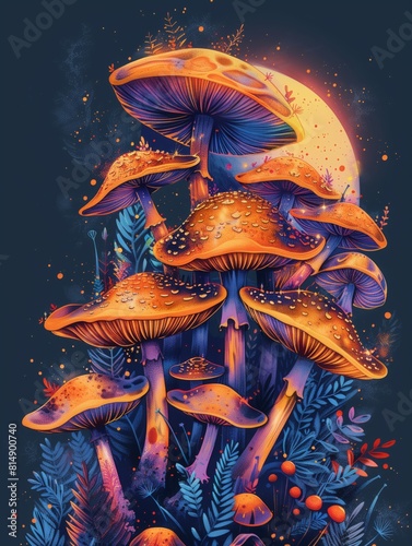 A painting depicting mushrooms in front of a full moon, creating a mystical scene