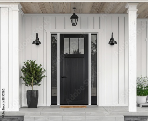 Black front door of a modern farmhouse with white vertical trim  wood paneling and a disproportionate black window on the left side. White walls.