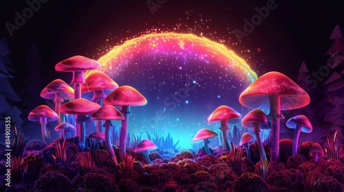Colorful mushrooms of varying sizes and shapes grow in a forest setting with a vibrant and colorful background