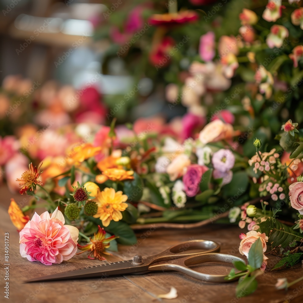 A florist's shears lying beside freshly cut flowers on a preparation table, with floral arrangements softly blurred behind. A florist's shears lying beside freshly cut flowers on a preparation table, with floral arrangements softly blurred behind.