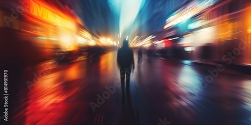 abstract background blur silhouette shadow of a man walking with bokeh light street at night time with speed motion perspective, blurred thrilled, Generative Ai © QuietWord