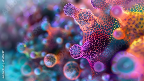 Vivid colors depict a microscopic view of a virus