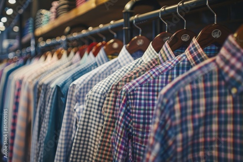 A rack of men's shirts hanging on a rail in front of a wall of other men's shirts hanging on a rail in front of a store, Luxury clothes in the shop, fashionable men's clothing store with a stylish