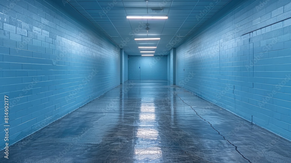Long Hallway With Blue Walls and Light at End Long Hallway With Blue Walls and Light at End