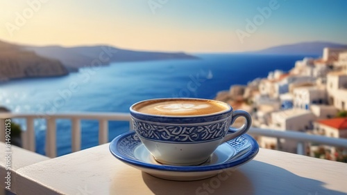 Traditional Greek coffee on the balcony with a beautiful Greek Mediterranean city in the background, A cup of coffee or tea on a blurred background of the evening Greek seascape