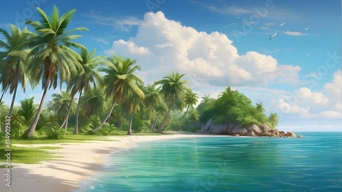 A tropical paradise awaits as you take a bite into a juicy  ripe coconut. The vibrant green palm trees sway in the warm breeze  while the crystal clear ocean sparkles in the background. Rendered in a 