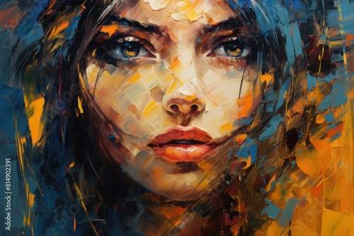 Close-up of a colorful  abstract oil painting depicting a woman s face