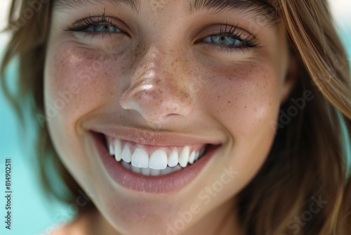 Featuring a woman is in close up smiling with a white smile