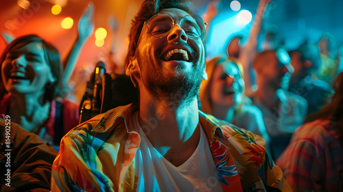 Photo realistic of a man with cerebral palsy joyfully enjoying a concert with friends, showcasing inclusivity and shared experiences