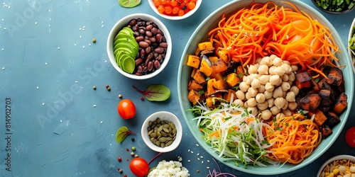 Colorful Buddha Bowl Featuring a Variety of Vegan Dishes on a Blue Background. Concept Vegan Food  Buddha Bowl  Colorful Presentation  Plant-Based Eating  Food Photography