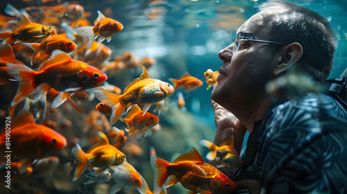 A man with muscular dystrophy joyfully feeding his fish showcasing the joy of pet care and the comfort provided by his aquatic companions photo