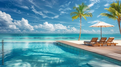 Photo of an infinity pool with a wooden deck  beach chairs and umbrella overlooking the ocean.
