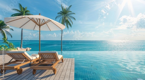 Photo of an infinity pool with a wooden deck  beach chairs and umbrella overlooking the ocean.