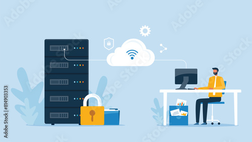 business technology cloud computing service concept and datacenter storage server connect on cloud with administrator and developer team working concept