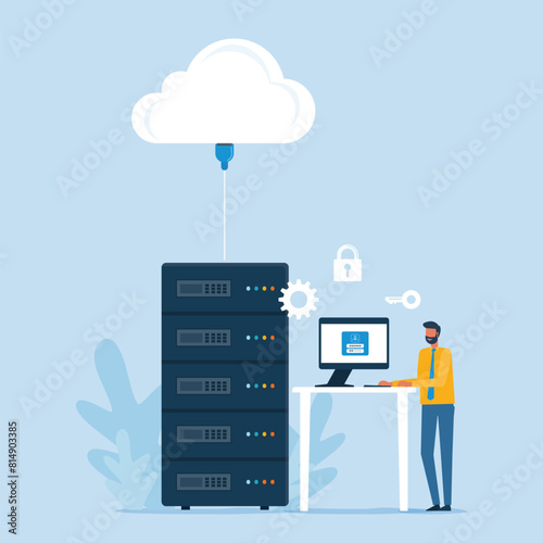 Business flat vector design technology data center and cloud computing server storage service with administrator and developer team working with cloud connect concept
