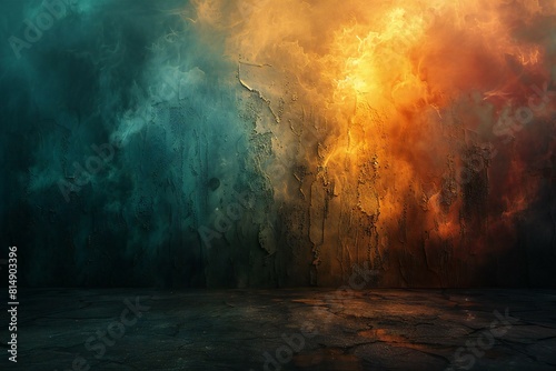 Grunge dark room with fire and smoke, rendering