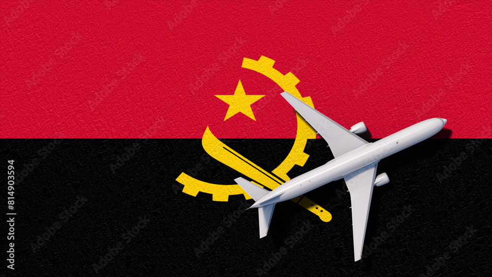 Angola National Flag And Airplane Fly. Aircraft Flies To Country. Flight And Travel 3D Illustration Angola National Flag And Airplane Fly. Aircraft Flies To Country. Flight And Travel 3D Illustration