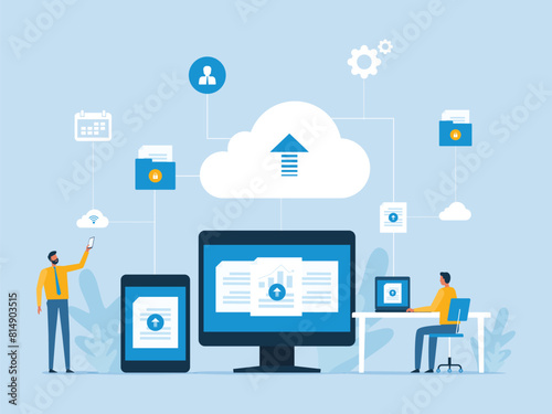 Business flat vector design technology cloud computing server service storage with administrator and developer team working with cloud connect concept

