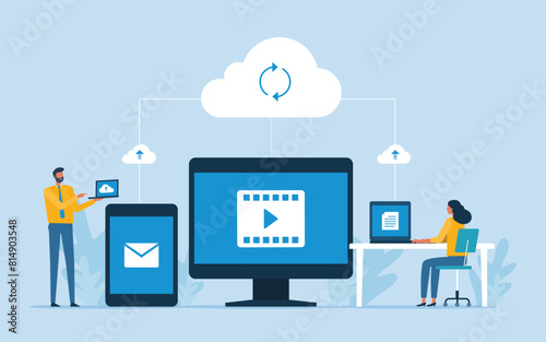 Business flat vector design technology cloud computing server service storage with administrator and developer team working with cloud connect concept
