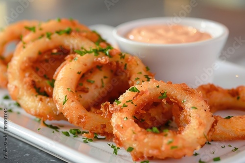 A shot of crispy beer-battered onion rings served with dipping sauce