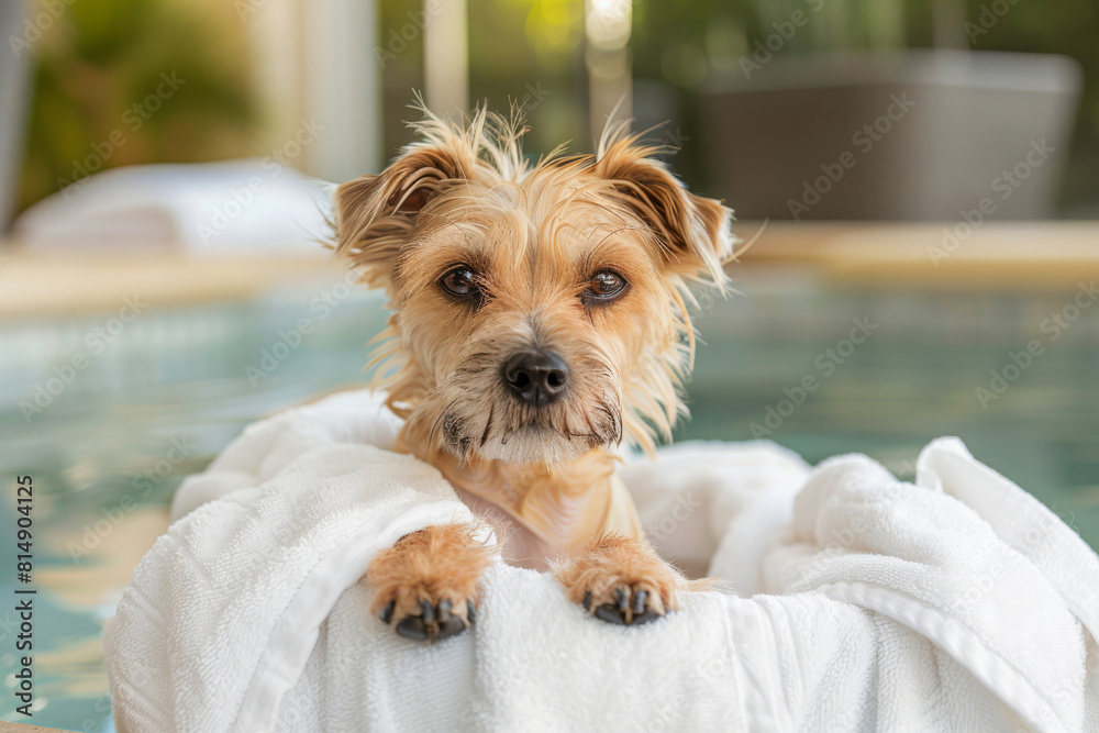Adorable dog wrapped in a white fluffy towel enjoys a relaxing day at a luxurious dog spa with a pool backdrop Adorable dog wrapped in a white fluffy towel enjoys a relaxing day at a luxurious dog spa with a pool backdrop