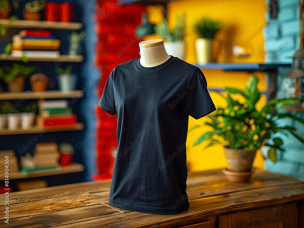 A black t - shirt on a wooden table. A black t - shirt on a wooden table.
