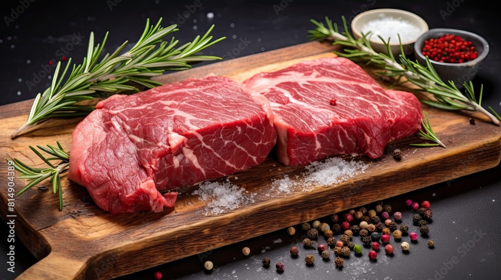 Raw meat, raw beef steak on a cutting board with rosemary and spices