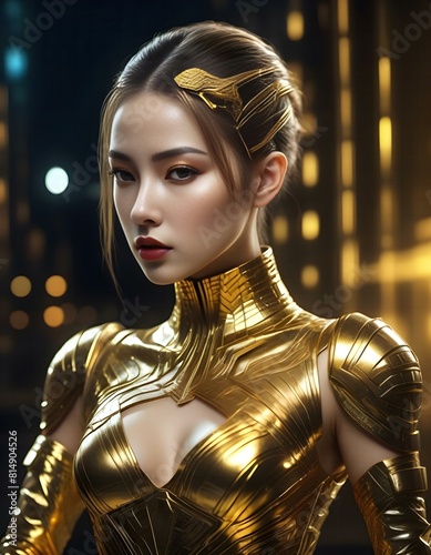 Confident woman wearing sexy golden dress, high quality portrait, isolated on a background