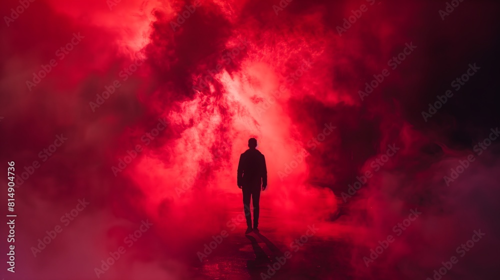 A man stands in a red smoke filled room. The smoke is thick and the room is dimly lit. The man is wearing a black jacket and he is alone. Scene is eerie and unsettling