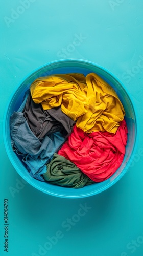 Colorful clothes ready to be washed in a plastic basin. Top view of colorful laundry clothes in a basin.