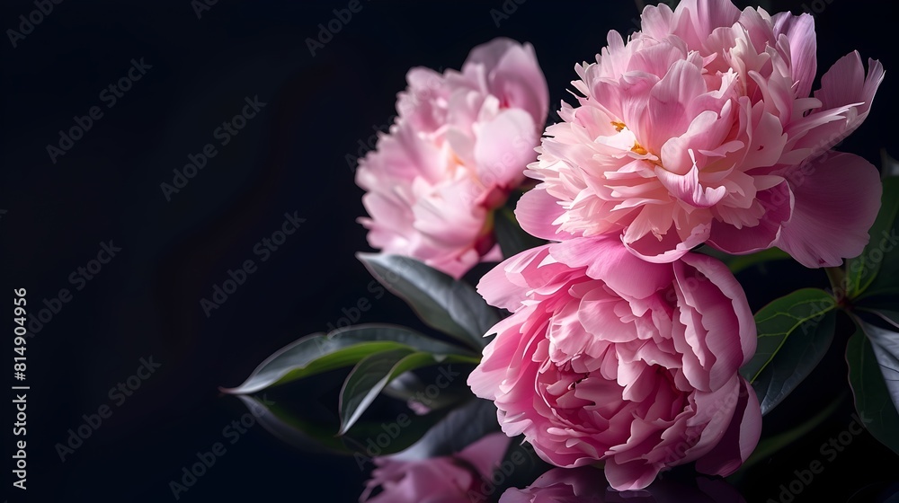 Exquisite Pink Peony Blossoms Reflected on a Sleek Black Surface Exquisite Pink Peony Blossoms Reflected on a Sleek Black Surface
