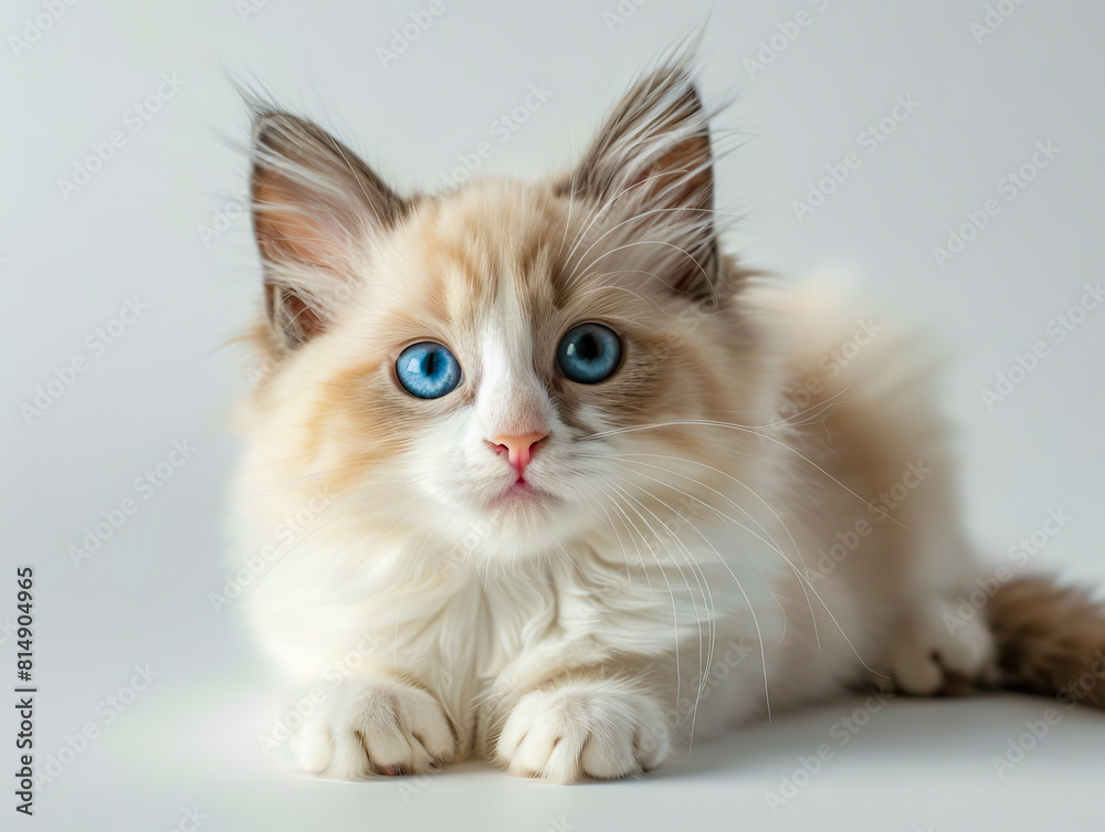A small kitten with blue eyes looking at the camera.