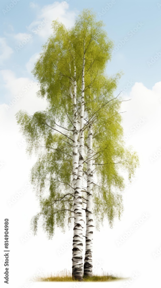 Fototapeta premium Two tall birch trees with green leaves against a white background