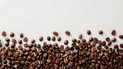 Coffee beans scattered on a plain white surface