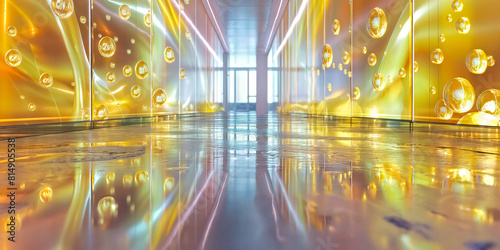 Modern futuristic corporate environment, enhanced by a unique and golden bubble motif along its reflective walls and floor