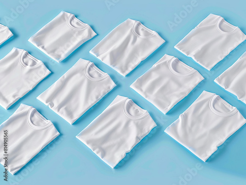 White t - shirts arranged in a row on a blue background. photo