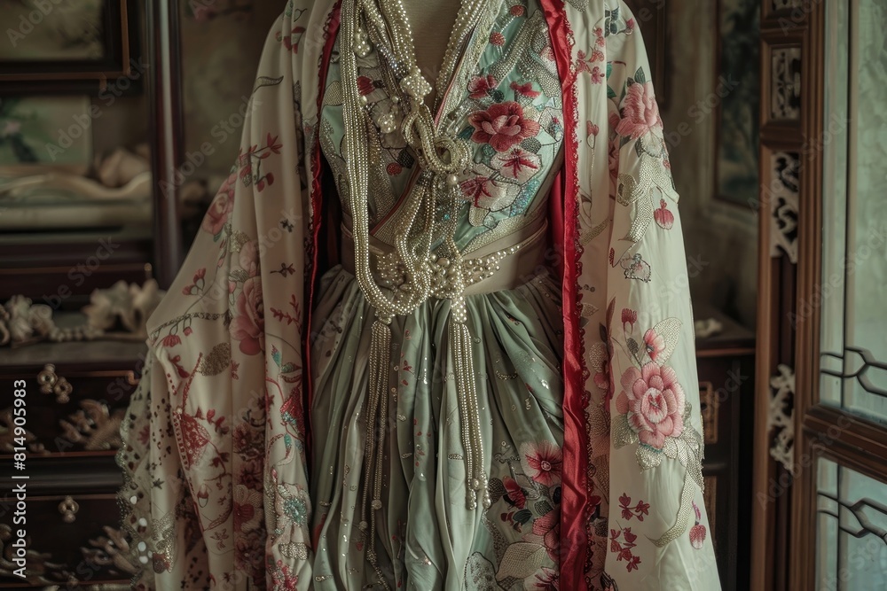A silk robe with an intricate floral print and delicate lace trim paired with a beaded headband and long gloves. The background is a lavish dressing room in a grand mansion