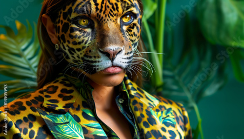 Fashion portrait of young woman adorned with jaguar or leopard print body art across her face posing against a pale blue background with tropical leaves