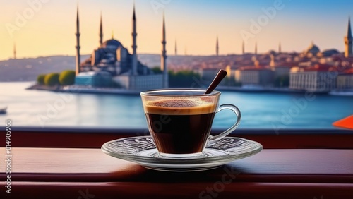 Traditional Turkish coffee on a balcony with a beautiful Turkish city in the background