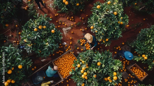 Aerial view of workers harvesting oranges in a lush grove, collecting ripe fruits into wooden crates amidst greenery. photo