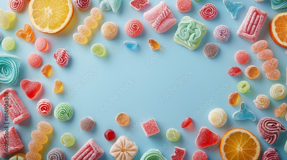 A variety of candies in different formats and colors on a blue background. Appetizing candies arranged on a sky blue background.