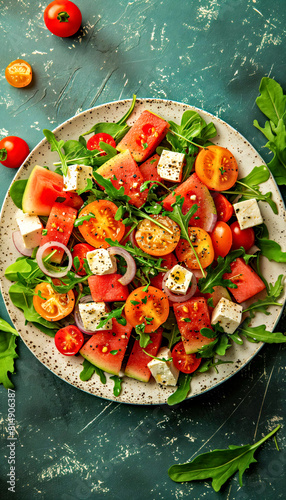 A plate of salad with a watermelon, tomatoes, feta, arugula and onions.