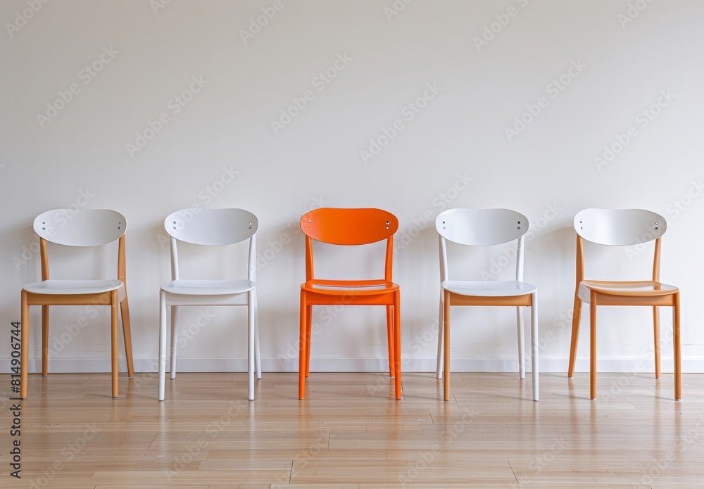 Obraz premium Orange chair stands in the middle of four white chairs on an empty light wooden floor, against a white wall