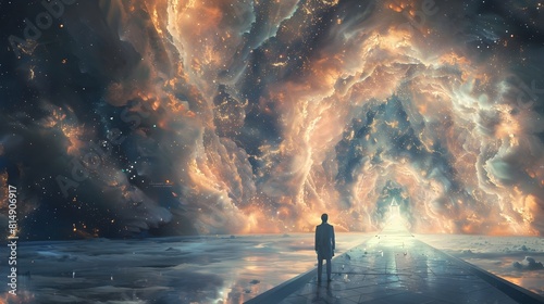 Lone traveler exploring the cosmic wonder of a fiery celestial dreamscape