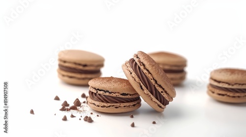 Macarons with chocolate ganache isolated on white realistic close-up exquisite dessert theme animation Monochromatic Color Scheme