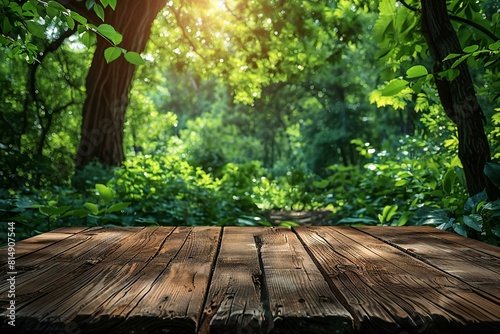 Beautiful wooden wooden table with forest green leafy background 