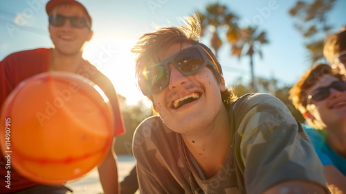 A visually impaired teenager playing goalball with friends, showcasing inclusion, teamwork, and the excitement of the game in a photorealistic concept