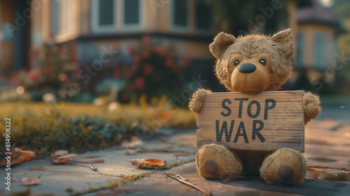 children's bear with a poster, a cardboard on which it says stop war, an anti-war concept protecting children in order to prevent hostilities photo